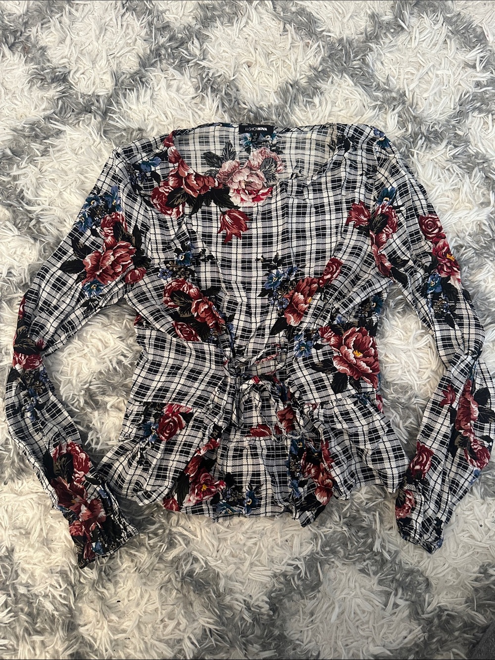 Floral Plaid Tie-Front Blouse - Black & Burgundy